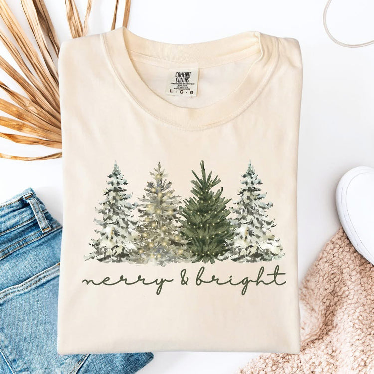 Minimalist Merry & Bright Trees Trendy Christmas Comfort Colors Graphic Tee