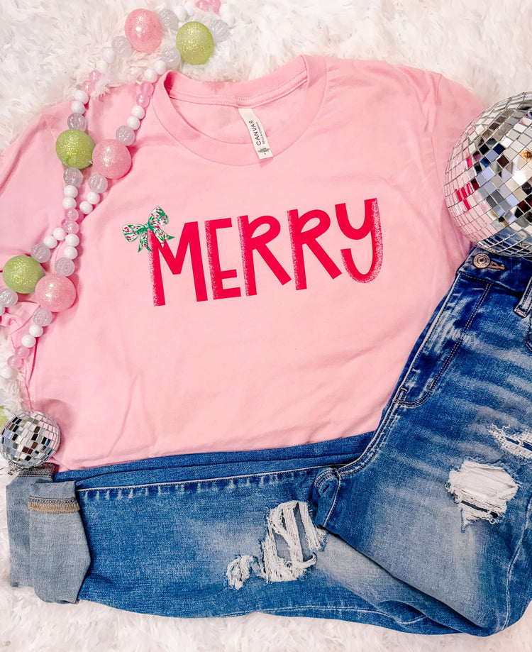 Pink Faux Glitter Merry Christmas Graphic Tee