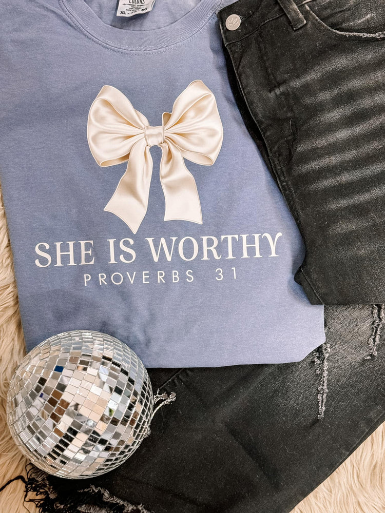 She is Worthy Blue Jean Comfort Colors Graphic Tee