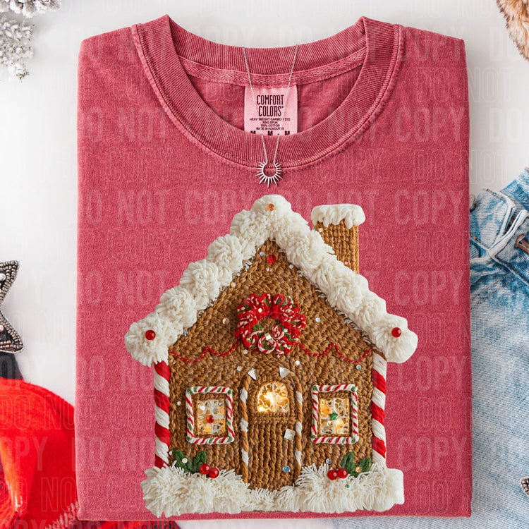 Faux Yarn Gingerbread House Christmas Comfort Colors Graphic Tee