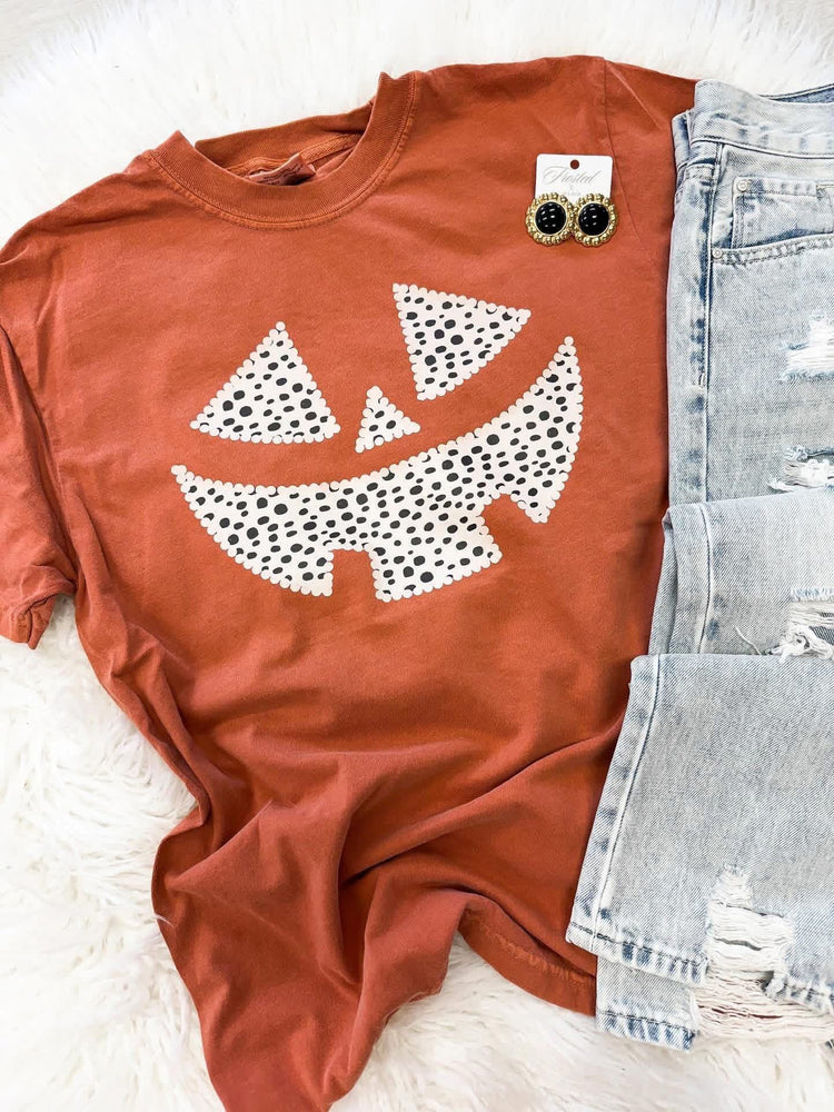 Polka Dot Pumpkin Face Halloween Comfort Colors Graphic Tee