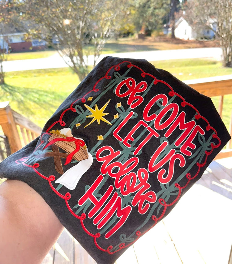 Oh Come Let us Adore Him Christmas Comfort Colors Graphic Tee (Front + Back)
