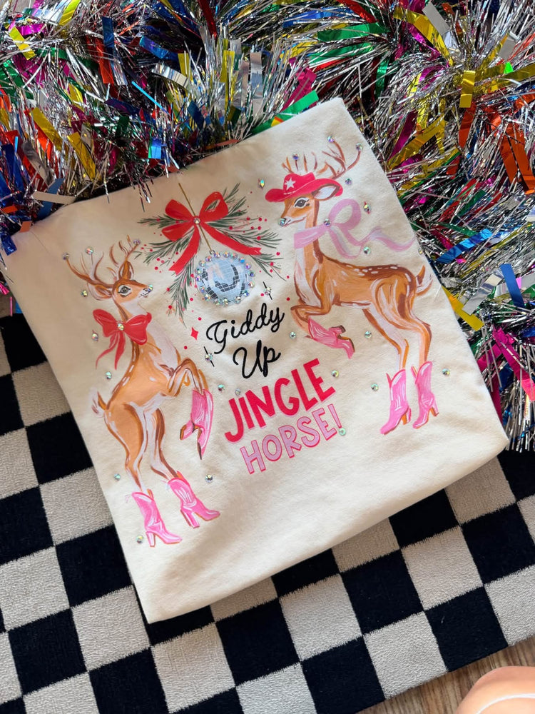 Rhinestone Giddy Up Jingle Horse Christmas Comfort Colors Graphic Tee