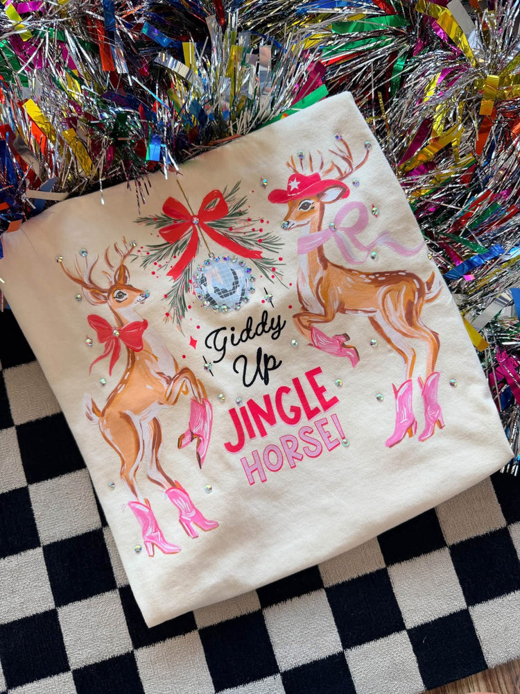 Rhinestone Giddy Up Jingle Horse Christmas Comfort Colors Graphic Tee