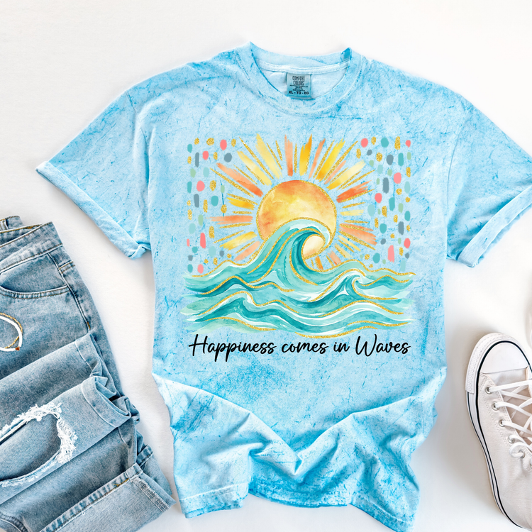 Happiness Comes in Waves Summer Comfort Colors Colorblast Graphic Tee