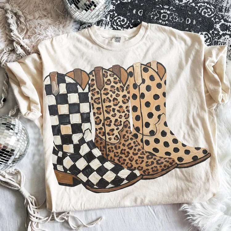 Leopard Cowboy Boots Western Graphic Tee Comfort Colors