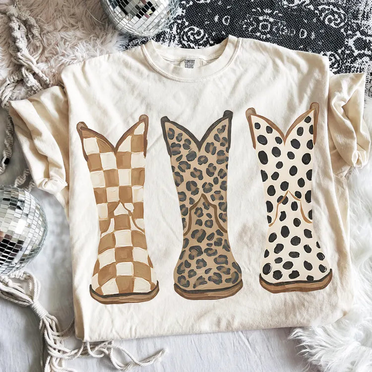 Leopard Cowboy Boots Western Graphic Tee Comfort Colors