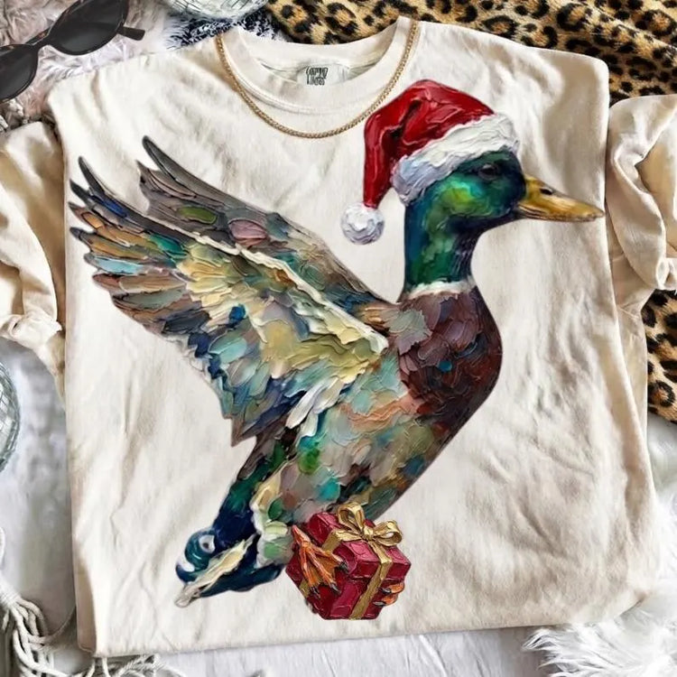 Flying Mallard with Santa Hat Christmas Comfort Colors Graphic Tee