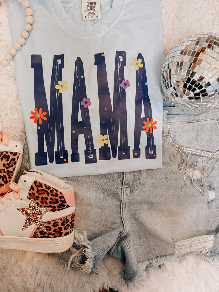 Muted Blue Floral Mama Comfort Colors Graphic Tee