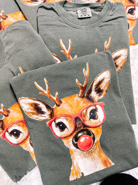Watercolor Vintage Rudolph Trendy Christmas Comfort Colors Graphic Tee