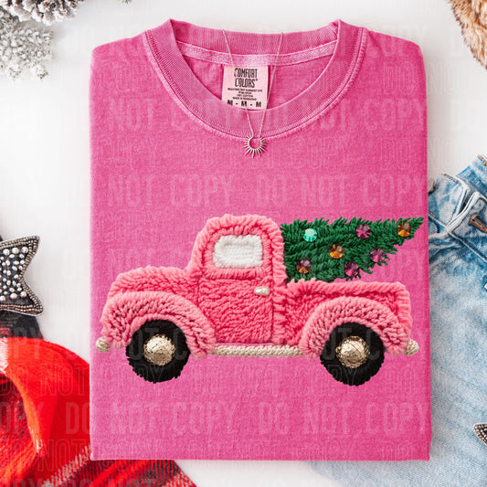 Faux Yarn Christmas Truck Pink Christmas Comfort Colors Graphic Tee