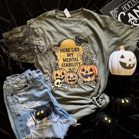 Here Lies My Mental Stability Funny Halloween Comfort Colors Graphic Tee