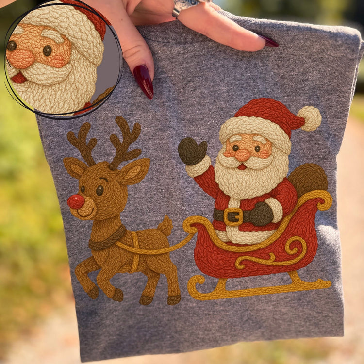 Vintage Faux Yarn Santa Sleigh Christmas Graphic Tee