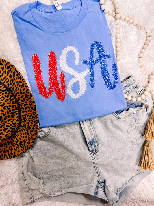 USA Faux Tinsel Patriotic Graphic Tee