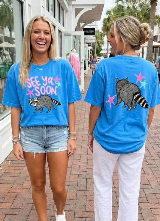 See Ya Soon Raccoon Summer Comfort Colors Graphic Tee Front & Back Full Sized Print