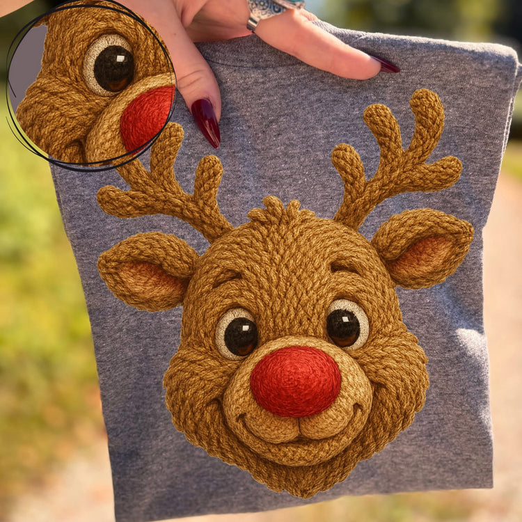 Vintage Faux Yarn Reindeer Christmas Graphic Tee