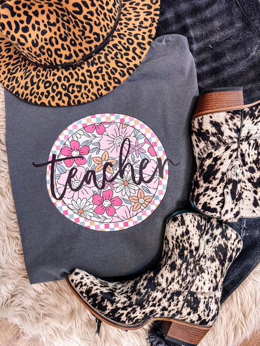 Pink Floral Checkered Teacher Graphic Tee Comfort Colors