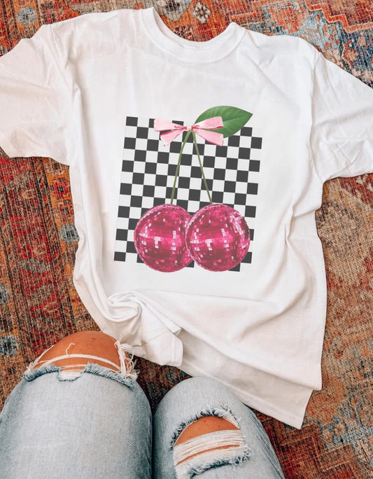 Checkered Sequin Cherry Valentines Comfort Colors Graphic Tee