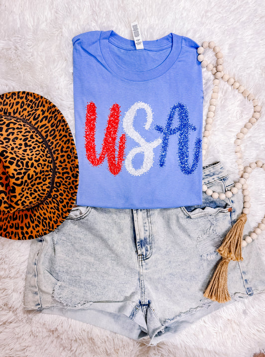 USA Faux Tinsel Patriotic Graphic Tee