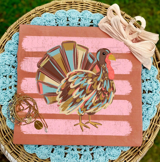 Trendy Striped Turkey Thanksgiving Comfort Colors Graphic Tee
