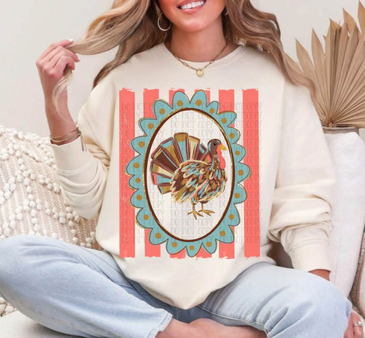 Preppy Turkey Frame Thanksgiving Comfort Colors Graphic Tee