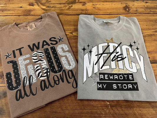 Mercy Rewrote my Story Faith Comfort Colors Graphic Tee