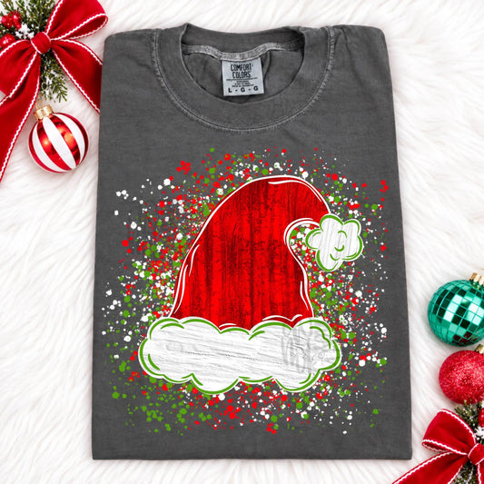 Santa Hat Paint Splatter Christmas Comfort Colors Tee