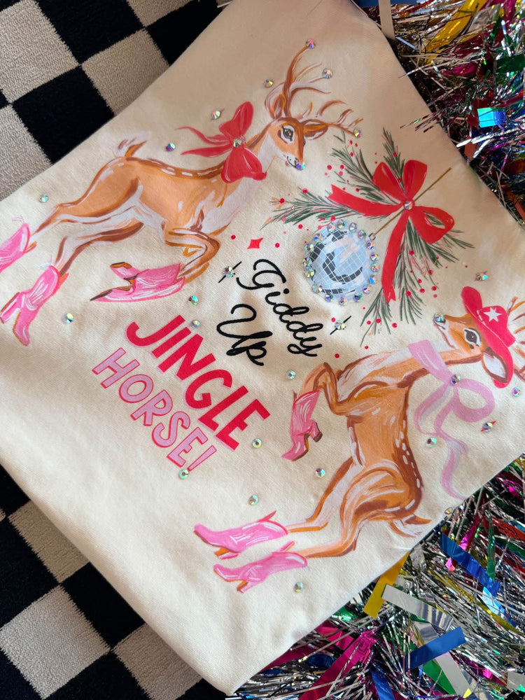 Rhinestone Giddy Up Jingle Horse Christmas Comfort Colors Graphic Tee