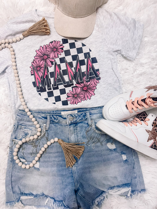 Retro Floral Checkered Mama Graphic Tee