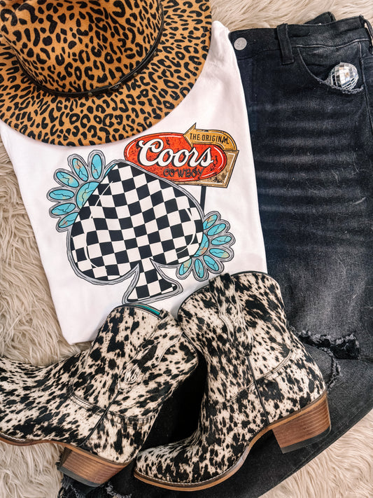 Checkered Coors Cowboy Rodeo Graphic Tee - White Tee