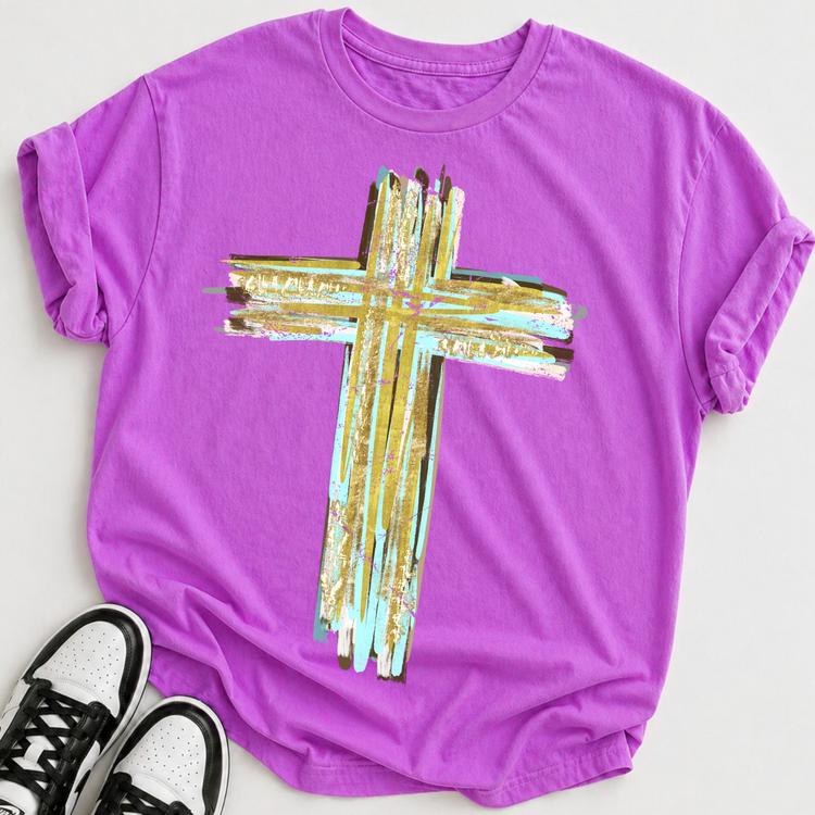Gold Brushstroke Cross Faith Comfort Colors Graphic Tee