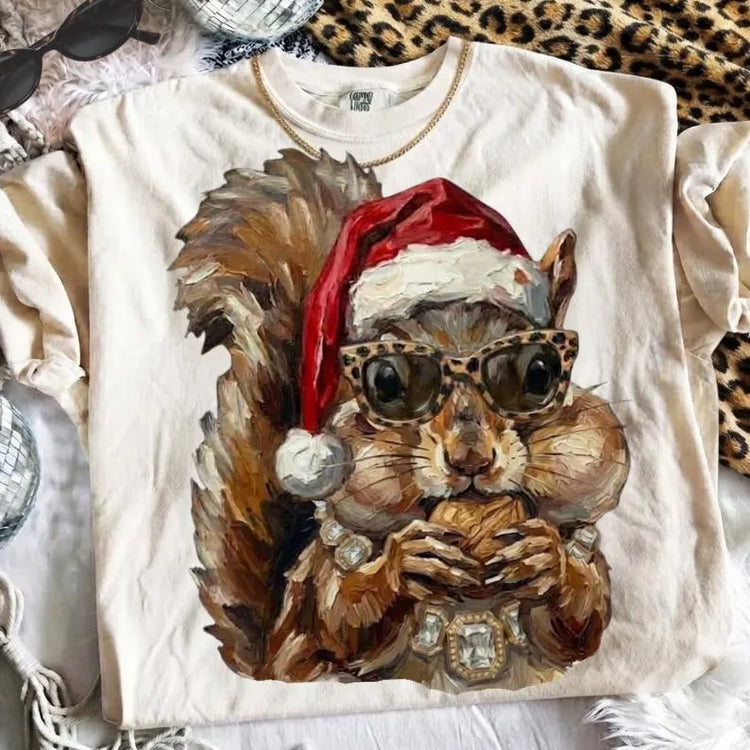 Glam Santa Hat Squirrel on Ivory Christmas Comfort Colors Graphic Tee