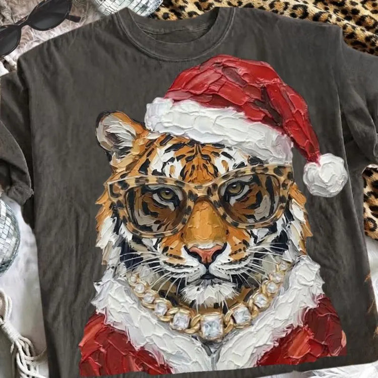 Glam Santa Hat Tiger on Pepper Christmas Comfort Colors Graphic Tee