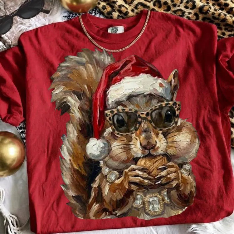 Glam Santa Hat Squirrel Christmas Comfort Colors Graphic Tee