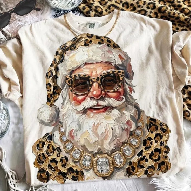 Glam Leopard Santa Christmas Comfort Colors Graphic Tee
