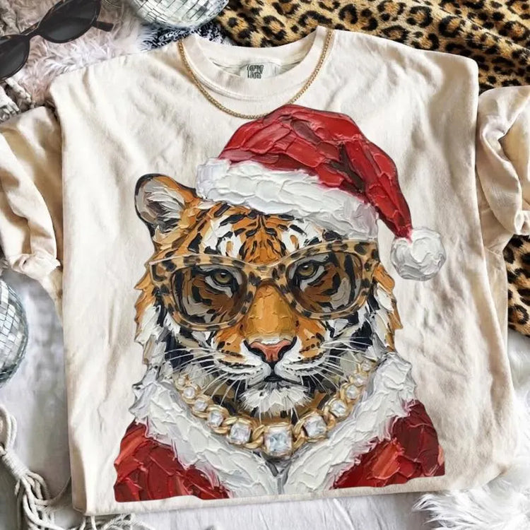Glam Santa Hat Tiger on Ivory Christmas Comfort Colors Graphic Tee