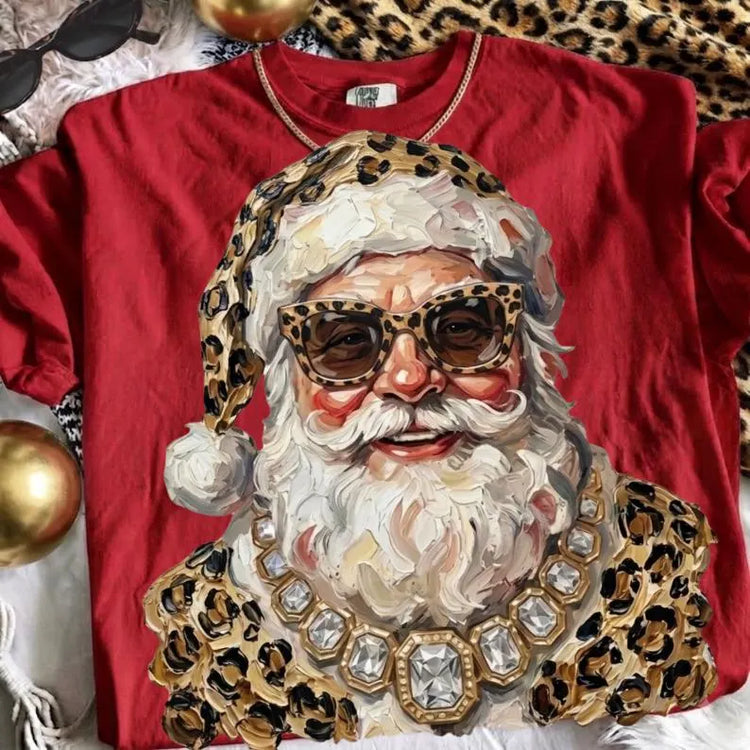 Glam Leopard Santa Christmas Comfort Colors Graphic Tee