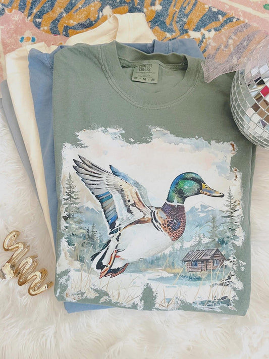 Flying Mallard Scene Moss Comfort Colors Graphic Tee